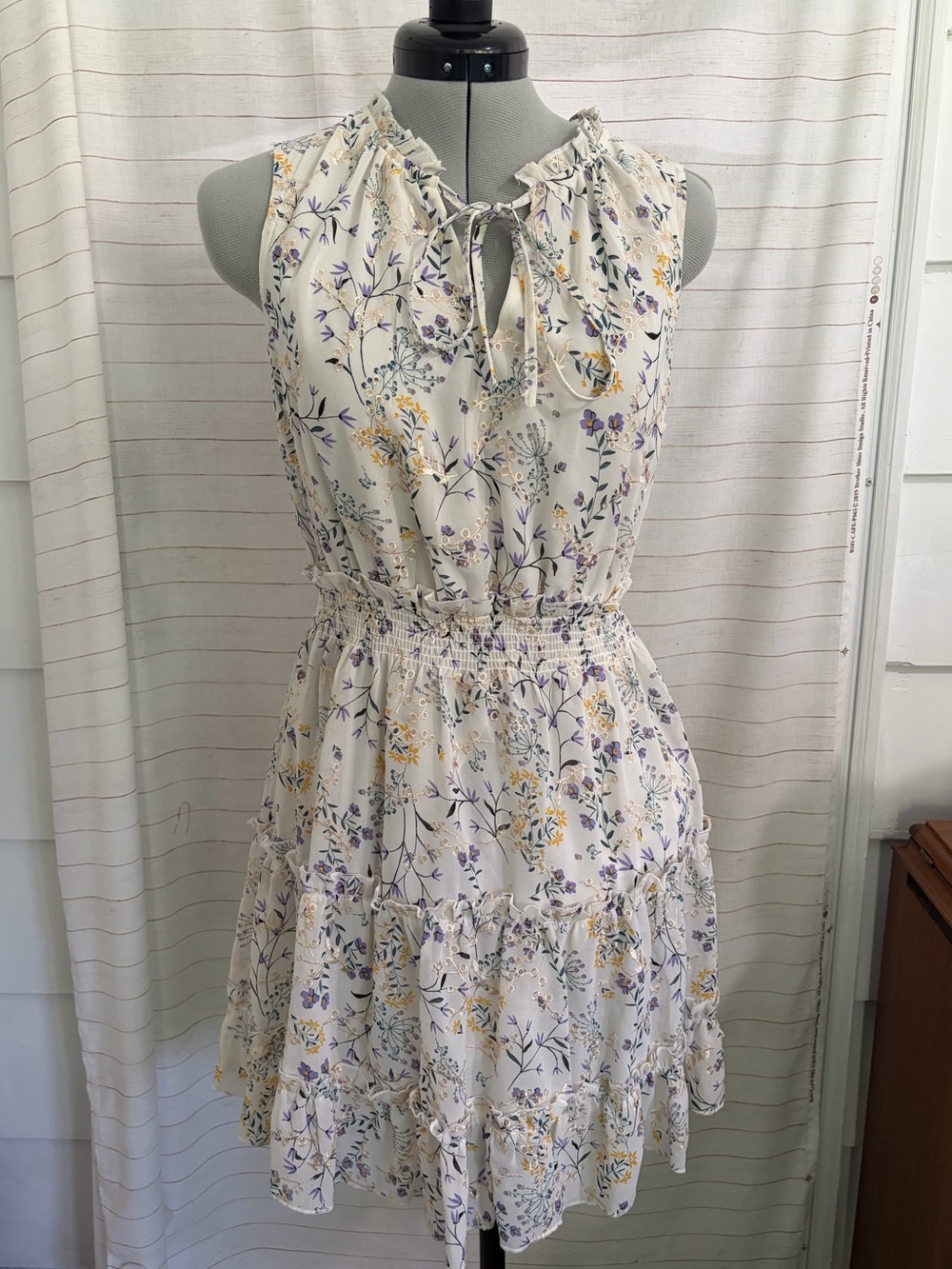 Blu Pepper Cream Floral Tie-Neck Mini Dress
